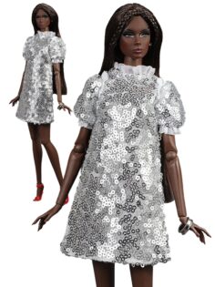 FA-050-49 Платье мини СЕРЕБРИСТОЕ одежда для кукол NuFace, Poppy Parker, Fashion Royalty (FR2) Integrity toys