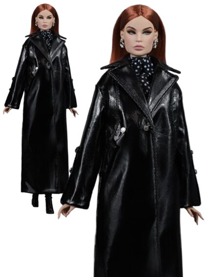 FA-023-28 Плащ чёрный из искусственной кожи лаке для кукол 29 см типа Fashion Royalty