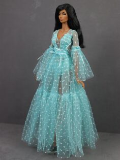 LE-011-15 Платье-пеньюар мятное "в мушку" для кукол Fashion Royalty (FR16) 40 см