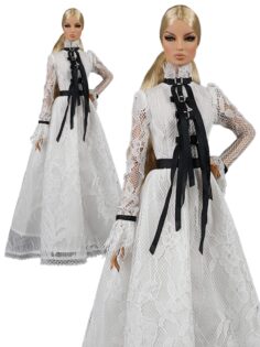 FA-050-75 Платье из белоснежного кружева с бантами одежда для кукол типа Fashion Royalty 12" (29 см)